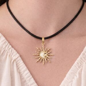 Gold Sun☀️ White Moon 🌕 Rhinestone Star ⭐Celestial Necklace Vegan Leather Cord